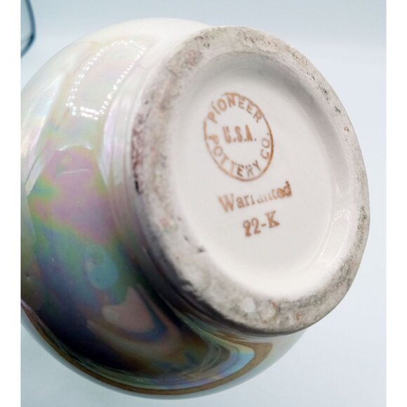 Vintage 22K Gold Luster Vase Pioneer Pottery USA Iridescent Pearl Double Handle - Picture 16 of 16